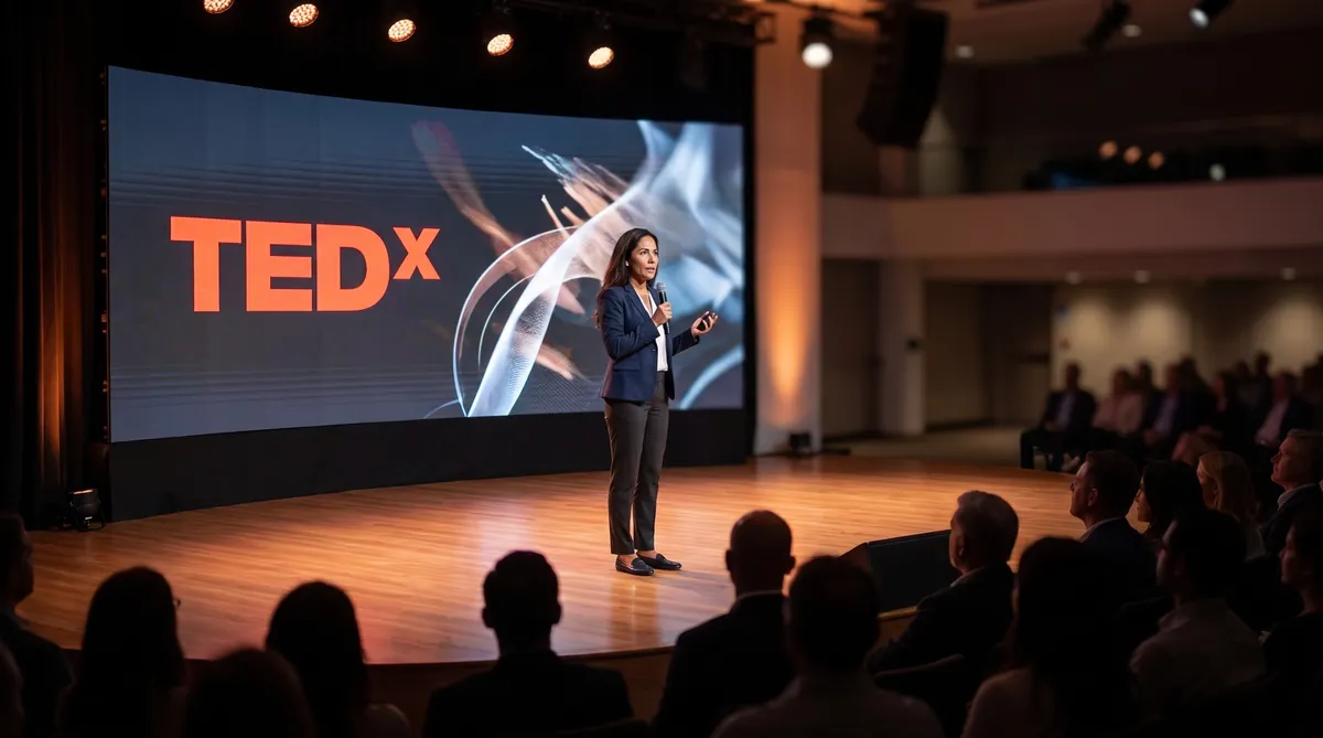 Lucía Fernández hablando en un escenario sobre reinvención profesional y trabajo remoto