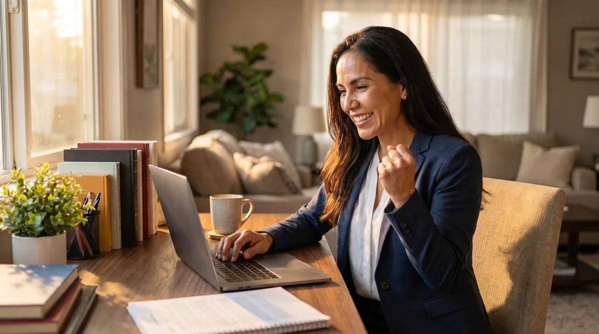 Persona celebrando frente a su laptop tras conseguir una oportunidad de trabajo remoto
